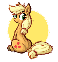 Size: 580x618 | Tagged: safe, artist:daze, applejack, earth pony, pony, g4, female, hatless, looking back, mare, missing accessory, partially transparent background, sitting, smiling, solo