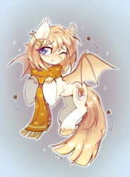 Size: 869x1180 | Tagged: safe, artist:flixanoa, oc, oc only, oc:honey milk, bat pony, bee, insect, pony, bat pony oc, big eyes, blonde mane, blonde tail, blue eyes, blush lines, blushing, clothes, colored hooves, colored wings, commission, cream coat, cute, cute little fangs, ear blush, ear fluff, ear tufts, eye clipping through hair, eyebrows, eyebrows visible through hair, fangs, flying, freckles, gradient background, gradient mane, gradient tail, hair accessory, hairclip, hock fluff, hooves, looking back, mane accessory, one eye closed, orange wings, outline, purple eyes, raised hooves, scarf, shiny hooves, shiny mane, shiny tail, shoulder fluff, slit pupils, smiling, solo, sparkles, spread wings, tail, two toned wings, wings, yellow coat, yellow mane, yellow tail