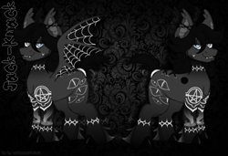 Size: 1457x999 | Tagged: safe, artist:woofpoods, oc, oc only, oc:jack-knack, bat pony, pony, ear piercing, earring, gothic, jewelry, male, pentagram, piercing, reference sheet, solo, spooky, stallion, stallion oc, stitches, tattoo, unshorn fetlocks