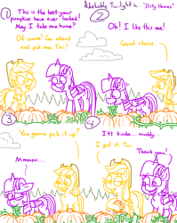 Size: 4779x6013 | Tagged: safe, artist:adorkabletwilightandfriends, applejack, twilight sparkle, alicorn, comic:adorkable twilight and friends, g4, adorkable, adorkable twilight, carrying, cloud, cloudy, cute, dirty, dork, farm, friendship, girly, girly girl, happy, hat, helping, helpless, holding, mud, muddy, nervous, outdoors, overcast, pumpkin, pumpkin patch, silly, slice of life, smiling, twilight sparkle (alicorn)