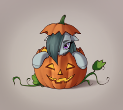 Size: 3100x2786 | Tagged: safe, artist:aquaticvibes, marble pie, earth pony, pony, g4, fangs, female, hair over one eye, halloween, holiday, jack-o-lantern, looking at you, mare, pumpkin, simple background, solo