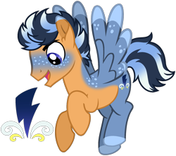 Size: 1653x1462 | Tagged: safe, artist:strawberry-spritz, oc, oc only, oc:indigo zap, pegasus, pony, g4, base used, blue eyes, blue hooves, blue wings, blue wingtips, coat markings, colored eartips, colored hooves, colored pinnae, colored wings, colored wingtips, commission, ear fluff, facial markings, flying, freckles, gradient mane, gradient tail, hooves, looking down, magical gay spawn, male, multicolored body, oc redesign, offspring, open mouth, open smile, orange coat, parent:flash sentry, parent:trenderhoof, parents:flashtrend, pegasus oc, profile, purple eyes, shoulder freckles, show accurate, simple background, smiling, solo, spread wings, stallion, tail, three toned ears, transparent background, two toned coat, wing freckles, wing markings, wings