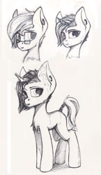 Size: 752x1298 | Tagged: safe, artist:blvckmagic, oc, oc only, pony, unicorn, black and white, ear fluff, ear piercing, earring, grayscale, horn, jewelry, male, monochrome, piercing, sketch, solo, stallion