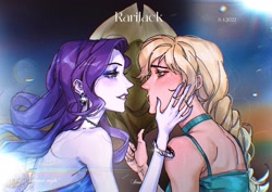 Size: 2048x1448 | Tagged: safe, artist:itou63630291, applejack, rarity, human, equestria girls, g4, blushing, bracelet, clothes, dress, duo, duo female, ear piercing, earring, female, imminent kissing, jewelry, lesbian, necklace, piercing, ship:rarijack, shipping