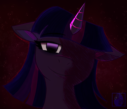 Size: 2539x2185 | Tagged: safe, artist:tamago, twilight sparkle, pony, unicorn, twilight sparkle commits arson in the name of princess celestia, g4, creepy, creepy smile, female, floppy ears, horn, lidded eyes, looking at you, mare, scene interpretation, shadow, smiling, solo, unicorn twilight