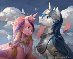 Size: 3840x3079 | Tagged: safe, artist:nora zhang, princess cadance, shining armor, alicorn, bird, pony, unicorn, g4, armor, banner, cloud, crown, cute, duo focus, female, helmet, horn, jewelry, male, mare, outdoors, profile, regalia, royal guard armor, ship:shiningcadance, shipping, sky, stallion, straight, sweat, sweatdrop