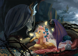 Size: 3142x2256 | Tagged: safe, artist:nora zhang, discord, fluttershy, butterfly, draconequus, dragon, pegasus, pony, rabbit, g4, g5, animal, cliff, cloud, cloudy, comforting, crying, duo focus, female, flower, flower in hair, hand on chin, hug, looking up, male, mare, old man discord, outdoors, thorn, veil, wing shelter, wings