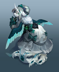 Size: 2199x2692 | Tagged: safe, artist:nora zhang, oc, oc only, alicorn, pony, alicorn oc, bow, clothes, curved horn, diadem, dress, feather, female, gradient background, horn, jewelry, mare, regalia, solo, spread wings, wings