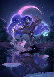 Size: 3840x5455 | Tagged: safe, artist:nora zhang, princess luna, alicorn, pony, g4, backwards cutie mark, crescent moon, ethereal mane, female, horn, mare, moon, night, nightmare luna, outdoors, rearing, reflection, solo, splashing, spread wings, tree, watermark, wings