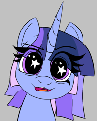 Size: 640x796 | Tagged: safe, artist:xppp1n, oc, oc only, oc:flawless sparklemoon, pony, unicorn, my little pony the movie: the death of twilight sparkle, bust, female, fusion, fusion:trixie, fusion:twilight sparkle, fusion:twixie, gray background, hatless, horn, looking at you, mare, missing accessory, open mouth, open smile, portrait, simple background, smiling, solo, starry eyes, unicorn oc, wingding eyes