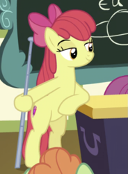 Size: 719x977 | Tagged: safe, screencap, apple bloom, shuffle step, earth pony, pony, g4, growing up is hard to do, my little pony: friendship is magic, being big is all it takes, bipedal, cropped, indoors, lidded eyes, older, older apple bloom, pointer, ponyville schoolhouse, smiling, solo focus