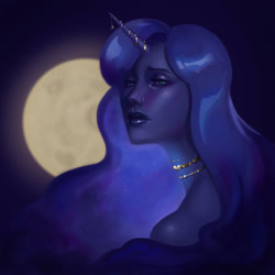 Size: 2250x2250 | Tagged: safe, artist:laura rosenberg, princess luna, human, g4, female, full moon, horn, horn jewelry, horned humanization, humanized, jewelry, looking at you, moon, necklace, outdoors, pony coloring, solo