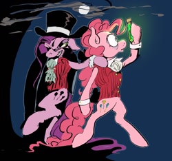 Size: 1474x1382 | Tagged: safe, artist:shitballstits, pinkie pie, earth pony, pony, g4, bipedal, clothes, dr jekyll and mr hyde, dr pinkie and miss pie, duo, duo female, female, grin, hat, mare, pinkamena diane pie, self paradox, self ponidox, smiling, top hat