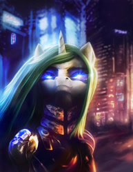 Size: 1236x1600 | Tagged: safe, artist:stdeadra, oc, oc only, pony, unicorn, armor, city, cyberpunk, female, horn, mare, outdoors, solo