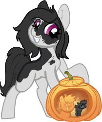 Size: 1540x1844 | Tagged: safe, artist:nootaz, derpibooru exclusive, oc, oc only, oc:inkenel, oc:oretha, pony, duo, halloween, holiday, jack-o-lantern, micro, pumpkin, simple background, transparent background