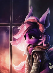 Size: 3313x4612 | Tagged: safe, artist:stdeadra, oc, oc only, earth pony, pony, chest fluff, choker, clothes, female, headphones, indoors, jacket, mare, solo