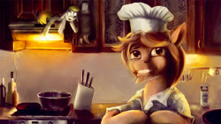 Size: 1503x845 | Tagged: safe, artist:stdeadra, derpy hooves, oc, earth pony, pegasus, pony, g4, beard, clothes, cook, duo, facial hair, hat, indoors, kitchen, kitchen knife, knife, male, oblomoff, ponified, solo focus, stallion