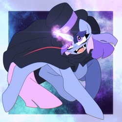 Size: 2048x2048 | Tagged: safe, artist:nekomortiz, oc, oc only, oc:flawless sparklemoon, pony, unicorn, my little pony the movie: the death of twilight sparkle, cloak, clothes, creepy, creepy smile, fangs, female, fusion, fusion:trixie, fusion:twilight sparkle, fusion:twixie, glowing, glowing horn, hat, horn, magic, magic aura, mare, open mouth, open smile, smiling, solo, starry eyes, tail, top hat, unicorn oc, wingding eyes