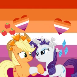 Size: 2828x2828 | Tagged: safe, artist:lanieeditsss, applejack, rarity, earth pony, pony, unicorn, g4, applejack's hat, cowboy hat, duo, duo female, female, hat, heart, high res, horn, lesbian, lesbian pride flag, mare, mare on mare, pony on pony action, pride, pride flag, ship:rarijack, shipping