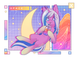 Size: 2670x2061 | Tagged: safe, artist:wavecipher, oc, oc only, oc:alto legato, pony, belly, bubble tea, crescent moon, drink, eye clipping through hair, eyebrows, eyebrows visible through hair, gradient legs, hoof hold, moon, solo, space, space helmet, white pupils