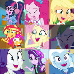 Size: 1920x1920 | Tagged: safe, edit, edited screencap, screencap, applejack, fluttershy, pinkie pie, rainbow dash, rarity, sci-twi, starlight glimmer, sunset shimmer, trixie, twilight sparkle, human, do it for the ponygram!, equestria girls, equestria girls specials, g4, legend of everfree - bloopers, my little pony equestria girls: better together, my little pony equestria girls: legend of everfree, my little pony equestria girls: mirror magic, collage, female, geode of sugar bombs, geode of super strength, humane five, humane seven, humane six, laughing, magical geodes