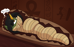 Size: 2821x1795 | Tagged: safe, artist:moonatik, oc, oc only, oc:grim fate, pony, unicorn, ancient egypt, annoyed, bondage, bored, egyptian, female, hieroglyphics, horn, mare, mummification, mummified, mummy, mummy costume, sarcophagus, solo, thought bubble, unicorn oc