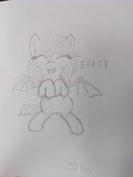 Size: 3072x4080 | Tagged: safe, artist:craftycirclepony, oc, oc only, oc:fruit hulu, bat pony, ^^, bat pony oc, cute, cute little fangs, ear fluff, eeee, eyes closed, fangs, female, hooves to the chest, open mouth, pencil drawing, sitting, sketch, solo, spread wings, traditional art, wings