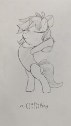 Size: 2268x4032 | Tagged: safe, artist:craftycirclepony, oc, oc only, oc:susie supreme, pony, unicorn, armpits, bipedal, bow, chest fluff, clothes, cute, eyes closed, female, filly, foal, freckles, hair bow, horn, leotard, pencil drawing, sketch, smiling, solo, stretching, traditional art