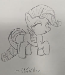 Size: 2535x2907 | Tagged: safe, artist:craftycirclepony, rarity, unicorn, g4, ^^, chest fluff, cute, eyes closed, happy, horn, pencil drawing, raised hoof, raised leg, sketch, smiling, solo, traditional art