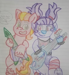 Size: 2588x2816 | Tagged: artist needed, source needed, safe, sprout cloverleaf, earth pony, pony, g5, dexterous hooves, electric guitar, friends, guitar, guitars, hoof hold, lined paper, looking at each other, looking at someone, musical instrument, sitting, smiles, traditional art, trio, trolls, val thundershock