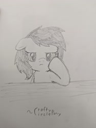 Size: 3072x4080 | Tagged: safe, artist:craftycirclepony, oc, oc only, oc:filly anon, earth pony, unicorn, chest fluff, cute, female, filly, floppy ears, foal, frown, hoof on cheek, horn, leaning on table, lidded eyes, looking at you, not vinyl scratch, pencil drawing, sketch, solo, table, traditional art, unamused