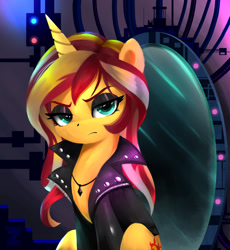 Size: 2053x2231 | Tagged: safe, artist:darksly, sunset shimmer, pony, unicorn, equestria at war mod, g4, alternate hairstyle, commission, eyeshadow, female, frown, horn, human pony sunset, human sunset, makeup, mare, mirror portal, solo