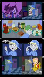 Size: 1033x1779 | Tagged: safe, derpy hooves, fluttershy, devil, human, pegasus, equestria girls, g4, clothes, comic, fire, food, gelatin, kitchen, night, night suit, pajamas, refrigerator, sleeping, the simpsons