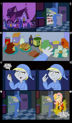 Size: 1033x1766 | Tagged: safe, derpy hooves, fluttershy, devil, human, pegasus, equestria girls, g4, clothes, comic, devil horns, female, fire, food, gelatin, horns, kitchen, night, pajamas, reference, the simpsons