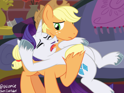 Size: 1024x768 | Tagged: safe, artist:uniomie, applejack, rarity, earth pony, pony, unicorn, fanfic:on a cross and arrow, g4, made in manehattan, applejack (male), applejack's hat, cowboy hat, duo, elusive, facial hair, fainted, fainting couch, freckles, gay, hat, hooves, horn, indoors, inktober, inktober 2024, male, moustache, ponytober, ponytober 2024, rule 63, ship:applelusive, ship:rarijack, shipping, show accurate, stallion, unshorn fetlocks