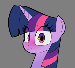 Size: 1200x1098 | Tagged: safe, artist:ponconcarnal, twilight sparkle, alicorn, pony, g4, bust, female, gray background, looking at you, mare, portrait, simple background, smiling, solo, twilight sparkle (alicorn)