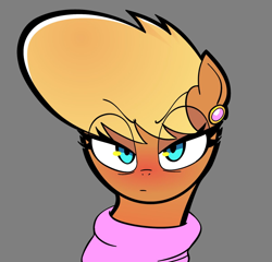 Size: 1200x1152 | Tagged: safe, artist:ponconcarnal, ms. harshwhinny, earth pony, pony, g4, bust, clothes, ear piercing, earring, female, frown, gray background, jewelry, looking at you, mare, piercing, portrait, scarf, simple background, solo