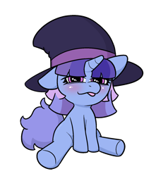 Size: 1348x1528 | Tagged: safe, artist:anonymous, oc, oc only, oc:flawless sparklemoon, pony, unicorn, my little pony the movie: the death of twilight sparkle, blushing, female, filly, foal, fusion, fusion:trixie, fusion:twilight sparkle, fusion:twixie, hat, horn, looking at you, simple background, sitting, solo, starry eyes, tail, tongue out, top hat, unicorn oc, white background, wingding eyes