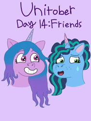 Size: 1080x1440 | Tagged: safe, artist:shucku, izzy moonbow, misty brightdawn, pony, unicorn, g5, duo, duo female, female, horn, mare, open mouth, purple background, simple background, smiling, sparkles, sparkly eyes, sweat, sweatdrop, unitober 2024, wingding eyes