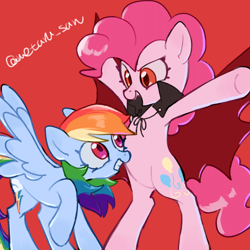 Size: 4096x4096 | Tagged: safe, artist:metaruscarlet, pinkie pie, rainbow dash, earth pony, pegasus, pony, mlp fim's fourteenth anniversary, g4, bipedal, cape, clothes, duo, duo female, fangs, female, looking at each other, looking at someone, mare, nightmare night, open mouth, raised hoof, red background, red eyes, simple background, spread hooves, spread wings, surprised, vampire costume, wings