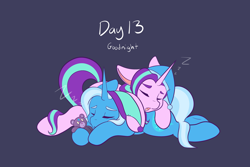 Size: 2048x1365 | Tagged: safe, artist:mscolorsplash, starlight glimmer, trixie, bear, pony, unicorn, ursa, ursa major, g4, blue background, dark blue background, duo, duo female, female, floppy ears, horn, lesbian, lying down, mare, onomatopoeia, plushie, prone, ship:startrix, shipping, simple background, sleeping, sleeping together, sound effects, sploot, teddy bear, zzz