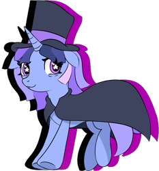 Size: 1031x1107 | Tagged: artist needed, safe, artist:anonymous, oc, oc only, oc:flawless sparklemoon, pony, unicorn, my little pony the movie: the death of twilight sparkle, cloak, clothes, female, floppy ears, fusion, fusion:trixie, fusion:twilight sparkle, fusion:twixie, hat, horn, mare, simple background, smiling, solo, starry eyes, top hat, transparent background, underhoof, unicorn oc, wingding eyes