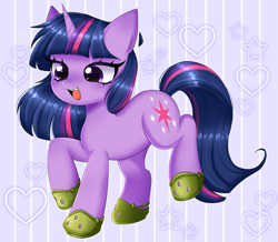 Size: 2207x1924 | Tagged: safe, artist:arwencuack, twilight sparkle, pony, unicorn, g4, commission, crocs, cute, cute little fangs, fangs, female, happy, heart, horn, open mouth, open smile, raised hoof, smiling, solo, standing on two hooves, twiabetes, twilight crockle, unicorn twilight