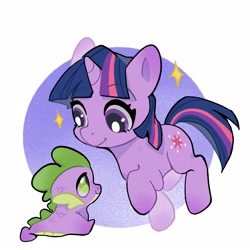 Size: 1600x1600 | Tagged: safe, artist:zhen8558, spike, twilight sparkle, dragon, pony, unicorn, g4, baby, baby spike, circle background, cute, daaaaaaaaaaaw, duo, duo male and female, female, filly, filly twilight sparkle, foal, full body, gradient background, horn, looking at each other, looking at someone, male, mare, raised hoof, simple background, sitting, smiling, sparkles, spikabetes, twiabetes, two toned background, unicorn twilight, white background, wingless spike, younger