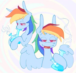 Size: 2048x1981 | Tagged: safe, artist:volchok, rainbow dash, pegasus, pony, g4, bloodshot eyes, bong, chromatic aberration, drug use, drugs, eyebrows, eyebrows visible through hair, female, lidded eyes, looking at you, mare, marijuana, no pupils, open mouth, open smile, rainbow hash, rainbow high, smiling, smiling at you, solo, spread wings, wings