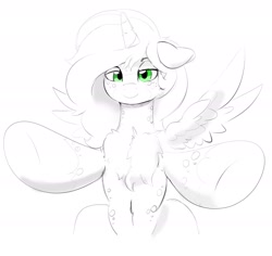 Size: 2091x1974 | Tagged: safe, artist:thelunarmoon, oc, oc only, oc:lunar moon, alicorn, pony, alicorn oc, belly, belly button, chest fluff, floppy ears, grayscale, horn, lidded eyes, looking at you, male, monochrome, partial color, simple background, smiling, smiling at you, solo, stallion, white background, wings