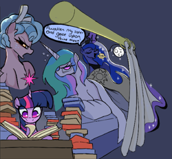 Size: 1693x1565 | Tagged: safe, artist:ponconcarnal, cozy glow, princess celestia, princess luna, twilight sparkle, alicorn, pegasus, pony, g4, blanket, book, burger, curtains, female, food, gray background, mare, moon, simple background, stars, tired, twilight sparkle (alicorn), unamused