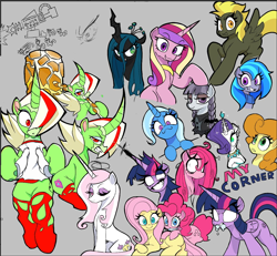 Size: 1184x1096 | Tagged: safe, artist:ponconcarnal, carrot top, fleur-de-lis, fluttershy, golden harvest, inky rose, pinkie pie, princess cadance, queen chrysalis, rarity, trixie, twilight sparkle, oc, oc:snowy peaks, alicorn, changeling, changeling queen, earth pony, pegasus, pony, unicorn, g4, clothes, dark magic, female, foaming at the mouth, freckles, goth, gray background, hammer, horn, insanity, jewelry, knife, looking at you, magic, mare, necklace, one eye closed, pinkamena diane pie, scarf, simple background, sketch, sketch dump, twilight sparkle (alicorn)