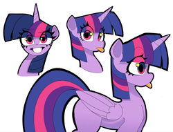 Size: 2078x1589 | Tagged: safe, artist:ponconcarnal, twilight sparkle, alicorn, pony, g4, female, looking at you, mare, multeity, simple background, smiling, smiling at you, solo, tongue out, twilight sparkle (alicorn), white background