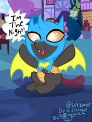 Size: 768x1024 | Tagged: safe, artist:uniomie, oc, changedling, changeling, nymph, g4, baby, baby changeling, batman, changeling oc, clothes, costume, dc comics, female, filly, foal, halloween, halloween costume, holiday, inktober, inktober 2024, nightmare night, outdoors, ponysona, ponytober 2024, yellow changeling